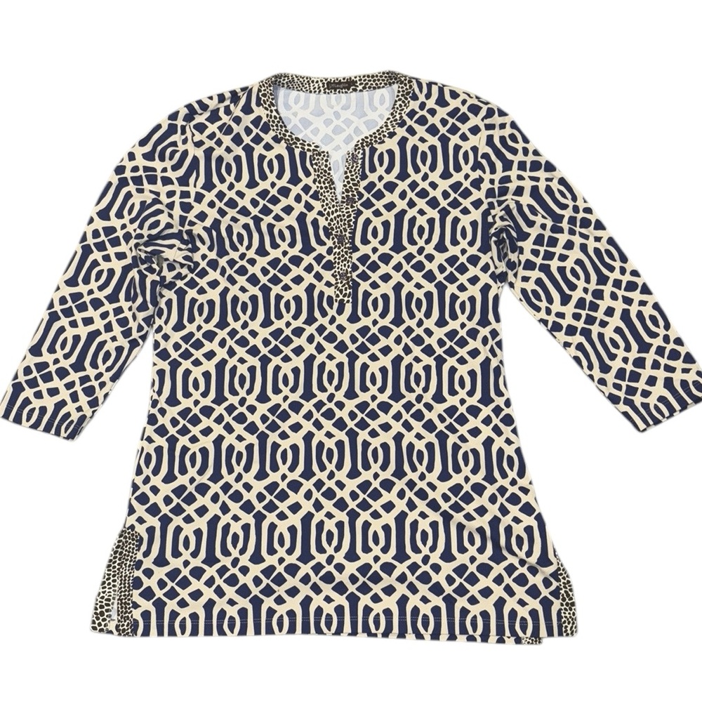 J. McLaughlin Biscayne Blue & Beige Trellis Animal Print Tunic Top - L